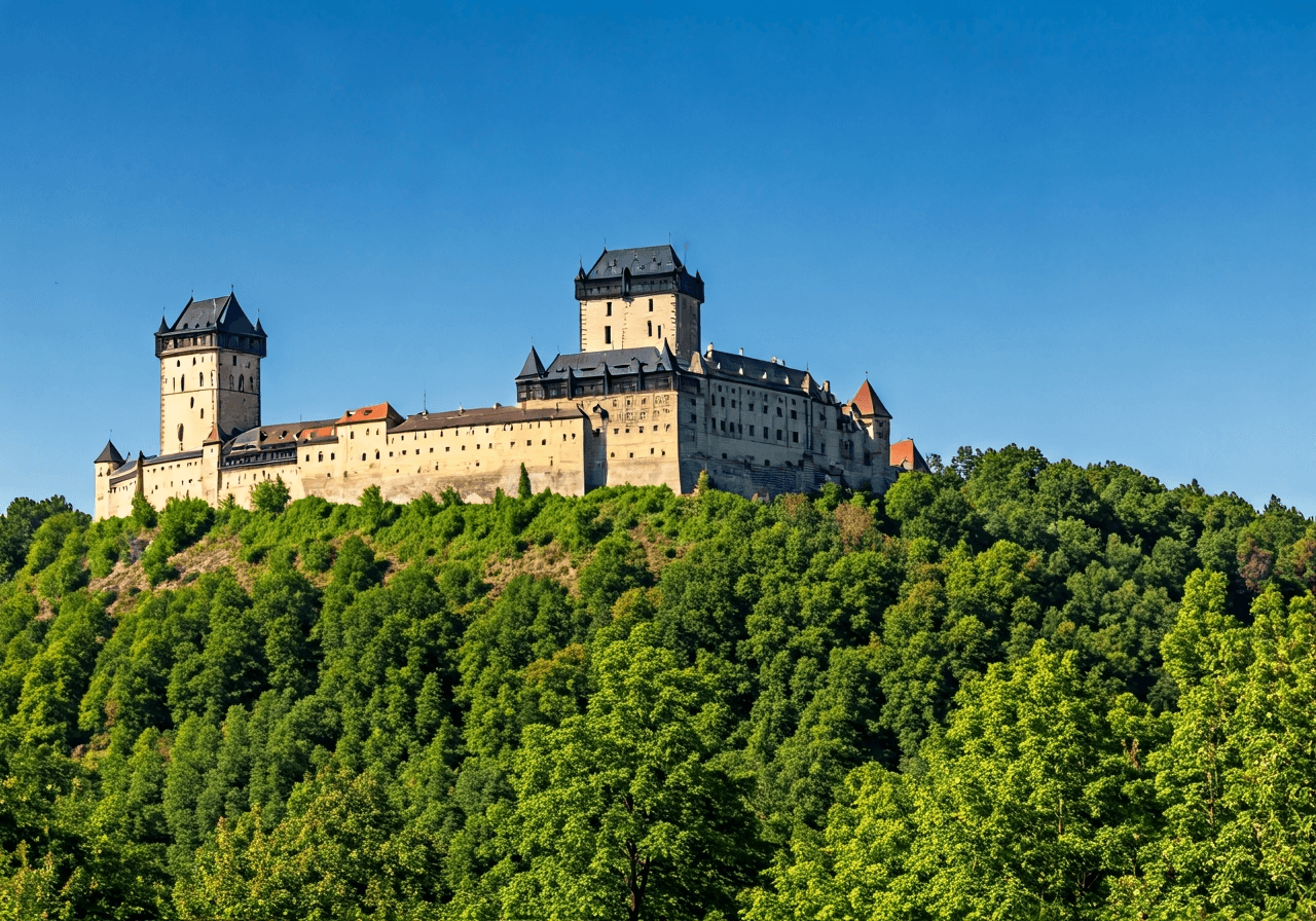 Majestic view of Karlstejn Castle towering over the green hills, historical architecture, sunny day, editorial travel photography, soft natural light, 85mm lens, sharp focus, no text, no letters