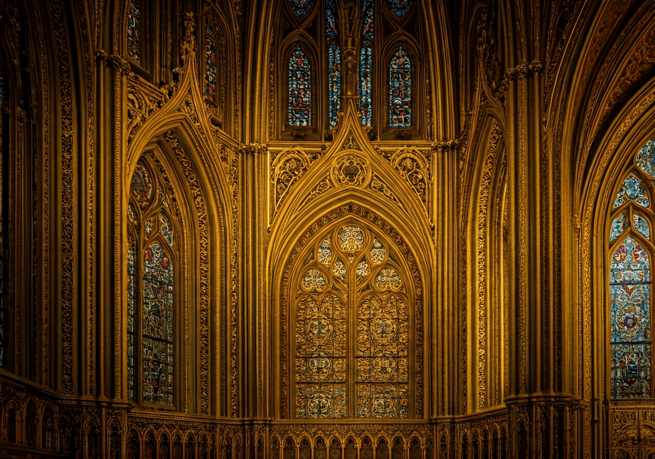 Detailed interior of the Chapel of the Holy Cross, glowing gold leaf decorations and precious stones on the walls, dramatic soft natural light filtering through stained glass, editorial photography, 85mm lens, high contrast, no text, no words, no letters