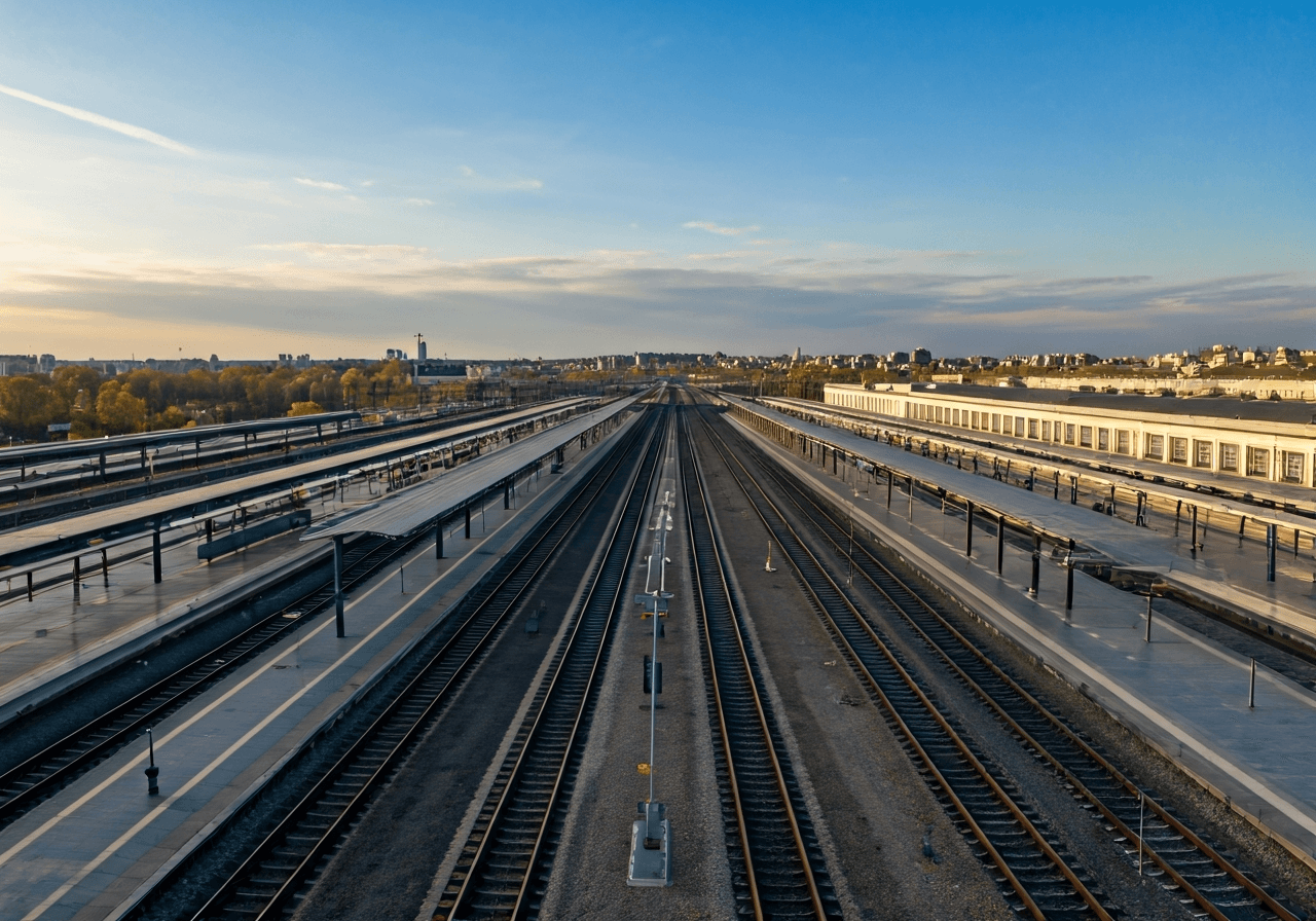 Vršovice nádraží: Jak funguje úschovna? (Vyplatí se?) 1 Aerial wide shot of the modern Praha-Vrsovice railway station, clean architectural lines of the renovated platforms and tracks, soft morning sunlight, urban aesthetic, 85mm lens, highly detailed, no text, no letters
