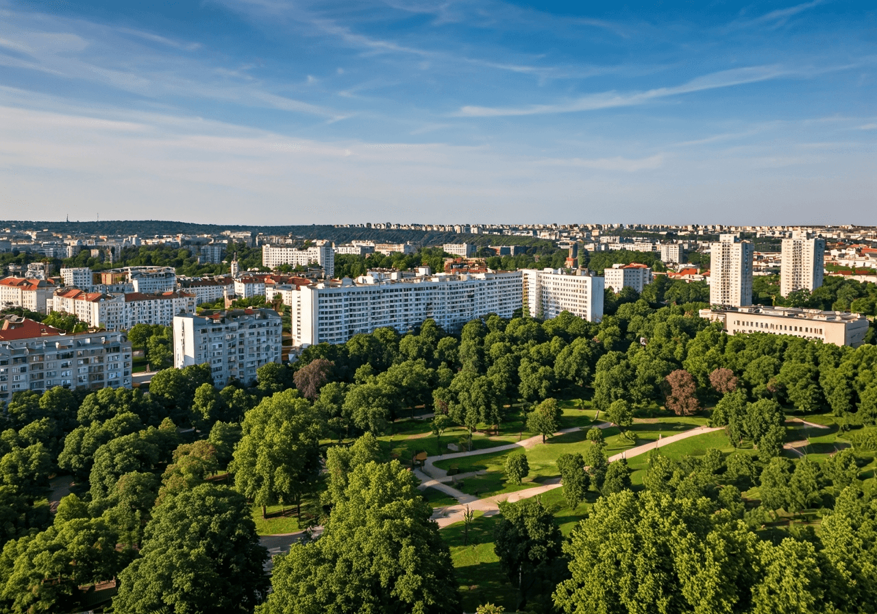 Aerial view of Kobylisy district, Praha 8, modern urban landscape with green trees and residential buildings, editorial photography, soft natural light, 85mm lens, high resolution, no text, no words
