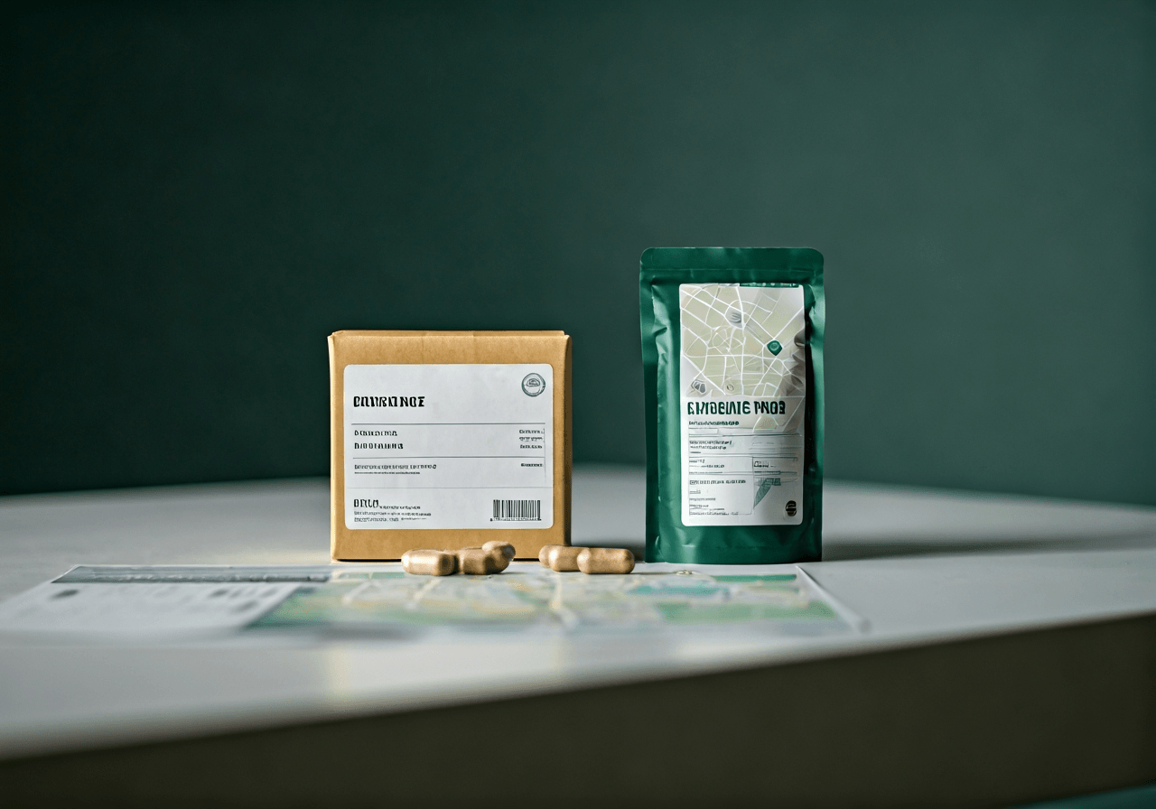 A professional, clean workspace featuring a neatly written shipping label, organic supplement packaging, and a map of Prague 8 in the background, editorial photography, soft natural light, 85mm lens, highly detailed, no text, no letters.