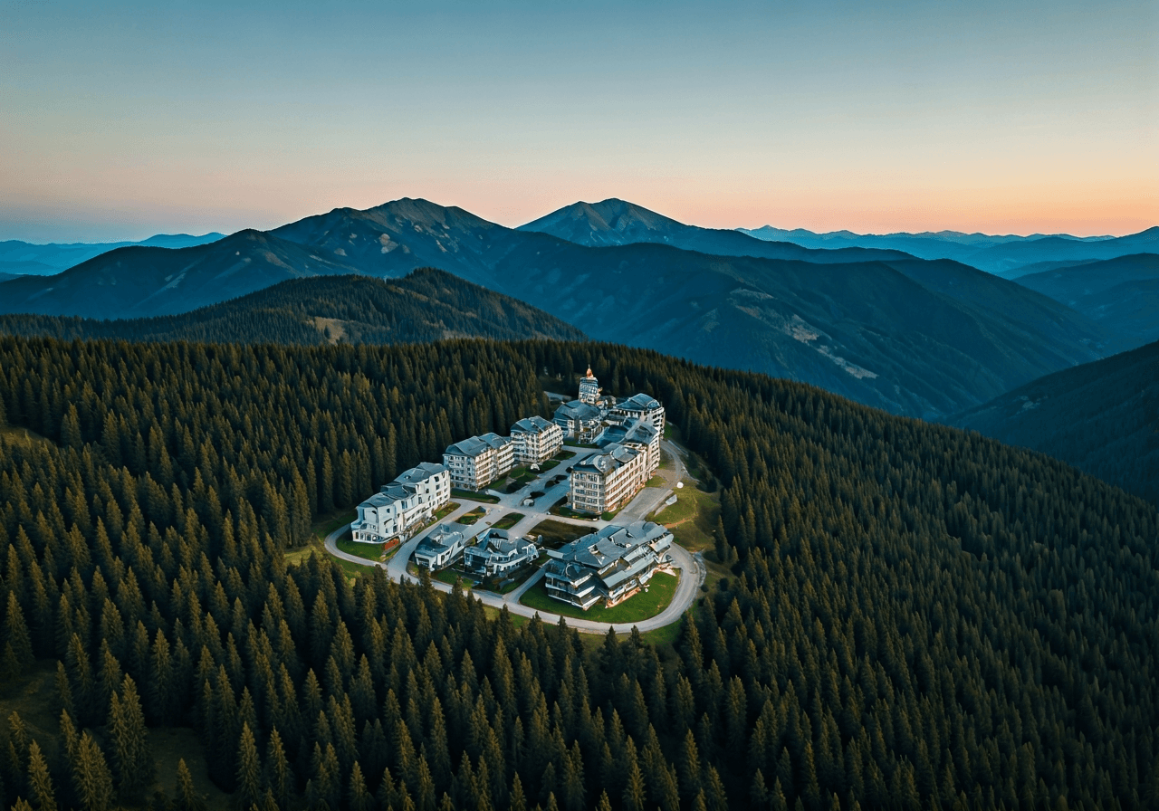 A scenic aerial view of Liptovský Hrádok nestled in a mountainous landscape, modern editorial photography, soft morning natural light, sharp focus, 85mm lens, no text, no words, no letters.