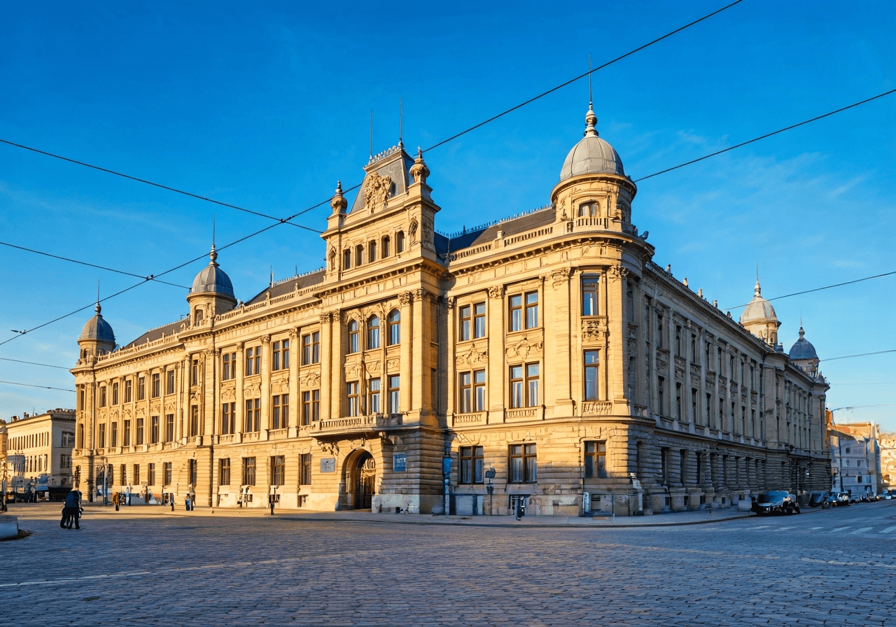Editorial photography, historic post office building in Kladno with grand architecture, bright and clean daylight, premium architectural composition, 85mm lens, high resolution, no text, no letters