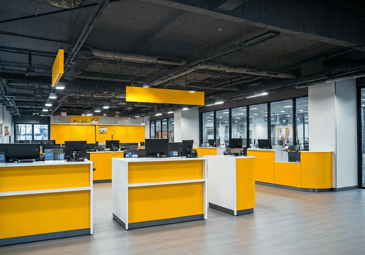 Professional post office interior, clean modern architecture, bright signage and service desks, soft natural lighting, editorial photography style, 85mm lens, high resolution, no text, no words, no letters
