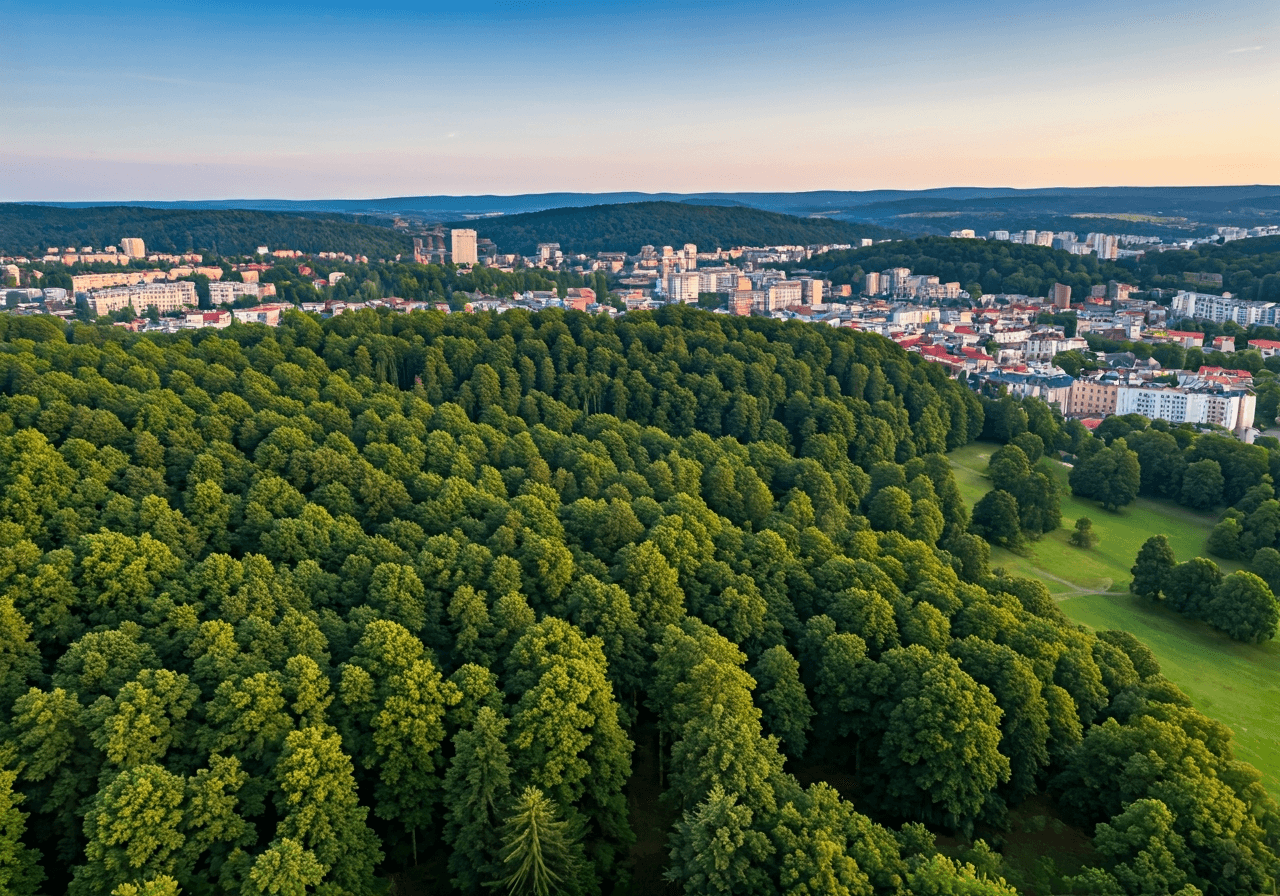 Aerial view of Marianske Lazne cityscape surrounded by lush green forests and spa parks, modern architectural photography, premium aesthetic, soft natural morning light, 85mm lens, high resolution, no text, no words, no letters