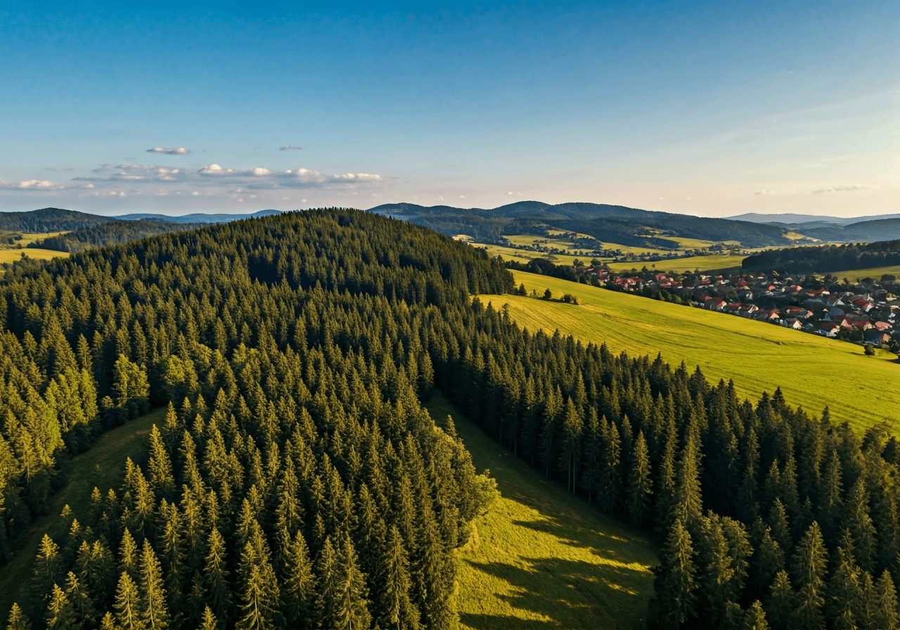 Aerial wide shot of a scenic Czech village surrounded by lush green forests and rolling hills, modern clean aesthetic, editorial photography, soft natural light, 85mm lens, highly detailed, no text, no letters