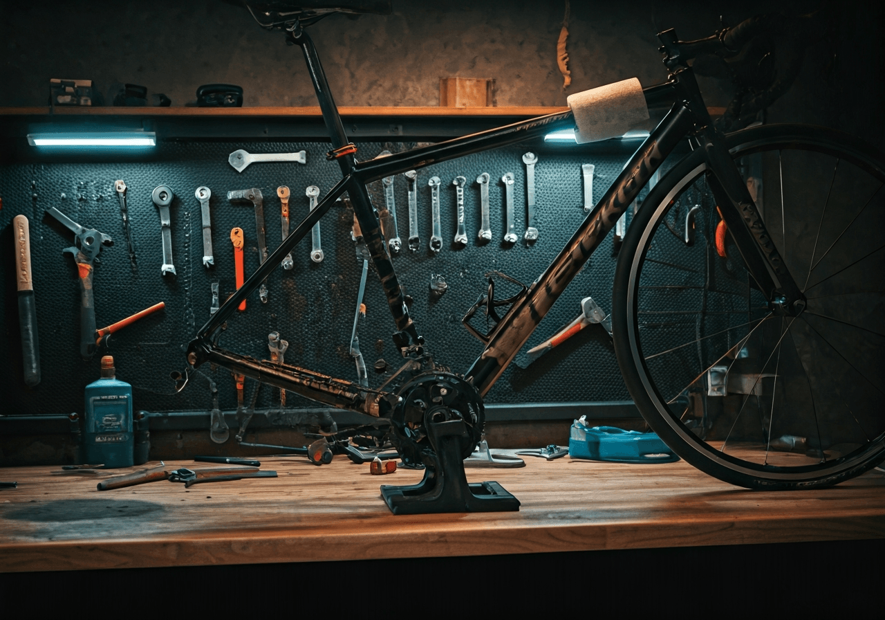 Professional bicycle preparation in a clean workshop, tools laid out neatly on a workbench, bike frame protected with foam padding, soft natural light, 85mm lens, editorial photography, no text, no words, no letters