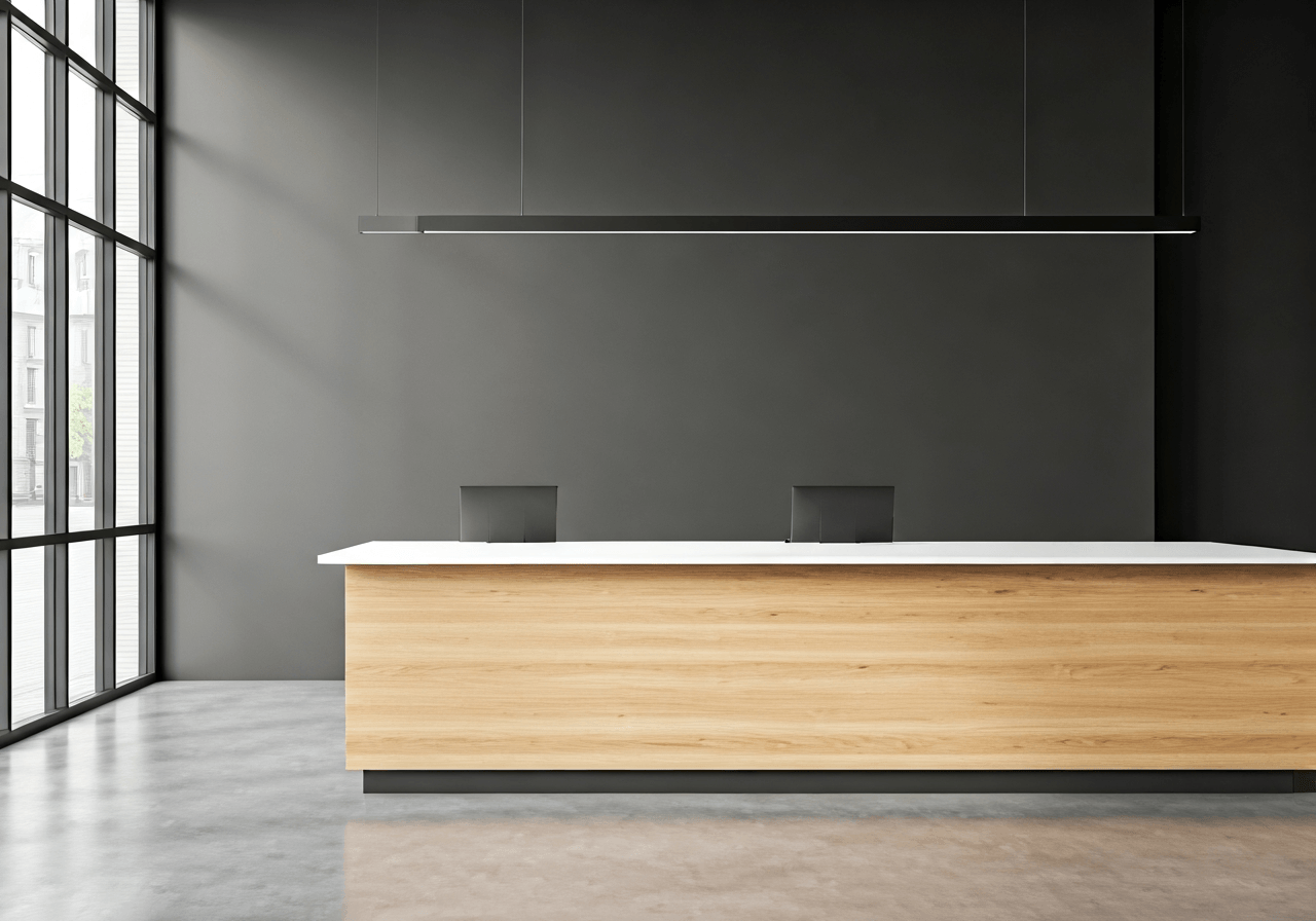 A professional logistics delivery point counter, modern clean industrial interior, minimalist design, soft natural lighting, 85mm lens, high resolution, professional photography, no text, no words, no letters