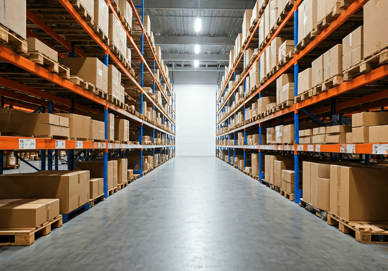 Professional logistics warehouse, parcels neatly organized on industrial shelves, modern clean facility, editorial photography, soft natural light, 85mm lens, highly detailed, no text, no letters