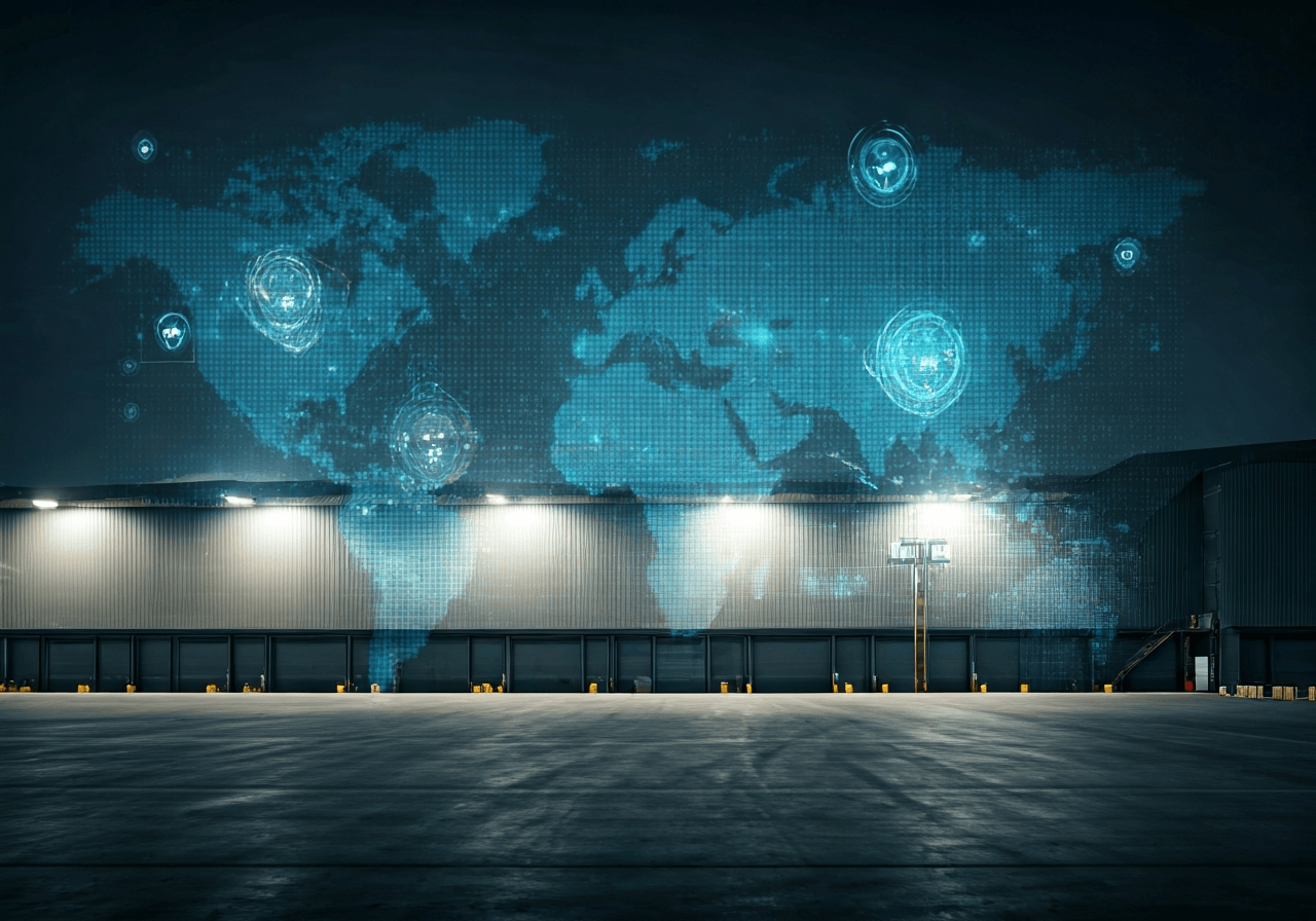 A futuristic digital map visualization overlaying a modern metropolitan logistics center, clean minimalist aesthetic, soft natural daylight, 85mm lens, high resolution, no text, no letters.