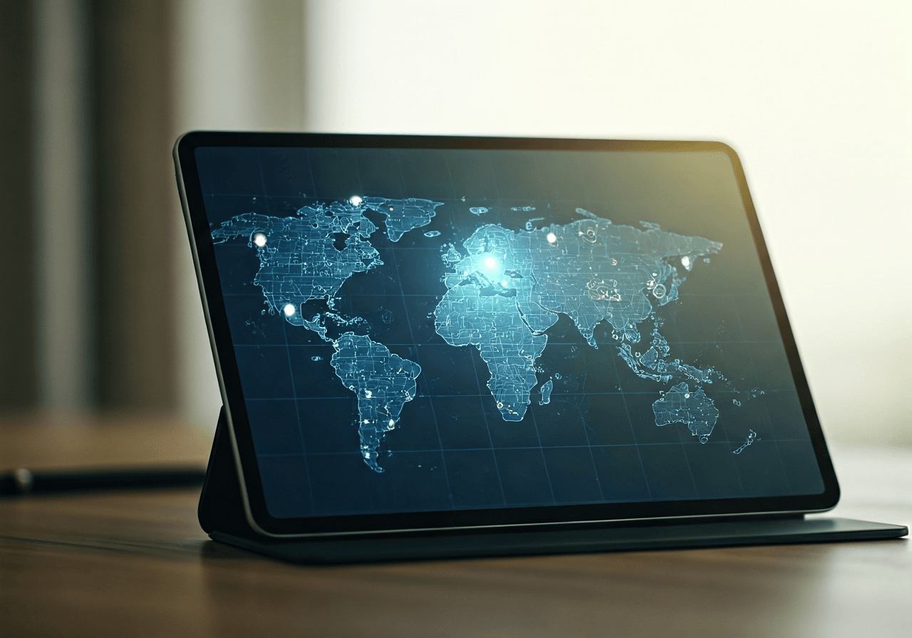 A professional digital map interface on a sleek tablet screen showing glowing geographic data points and coordinate grids, modern clean workspace environment, editorial photography, cinematic soft lighting, 85mm lens, high-end technical aesthetic, no text, no words, no letters