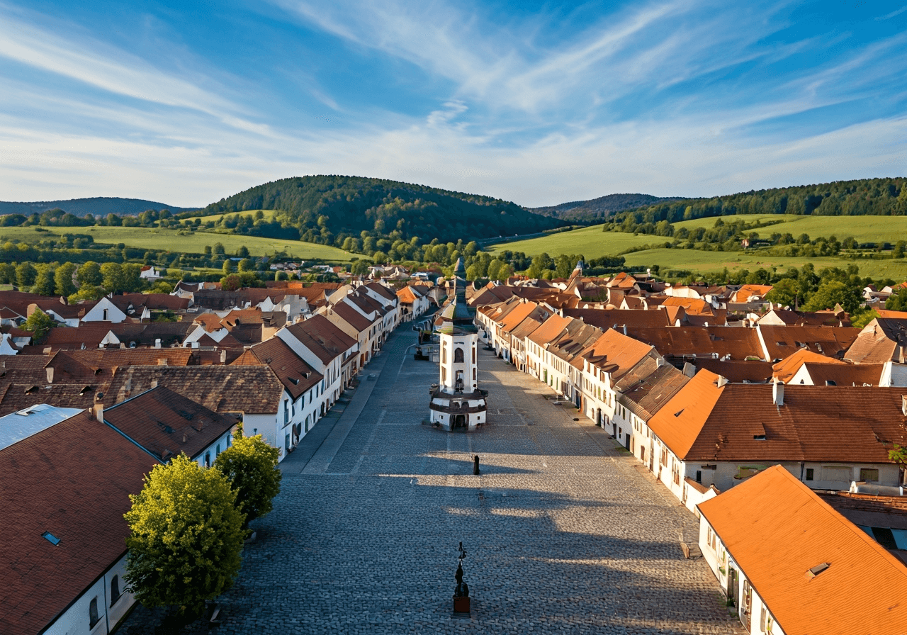 Aerial view of a charming Czech village landscape, lush green hills surrounding a quaint central square, soft natural morning sunlight, 85mm lens, editorial travel photography, clean composition, no text, no words, no letters.