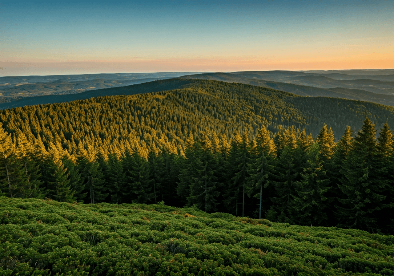 A panoramic view of the lush, rolling hills of the Brdy protected landscape area during golden hour, vibrant green forest canopy, soft natural light, editorial travel photography style, premium quality, 85mm lens, no text, no letters