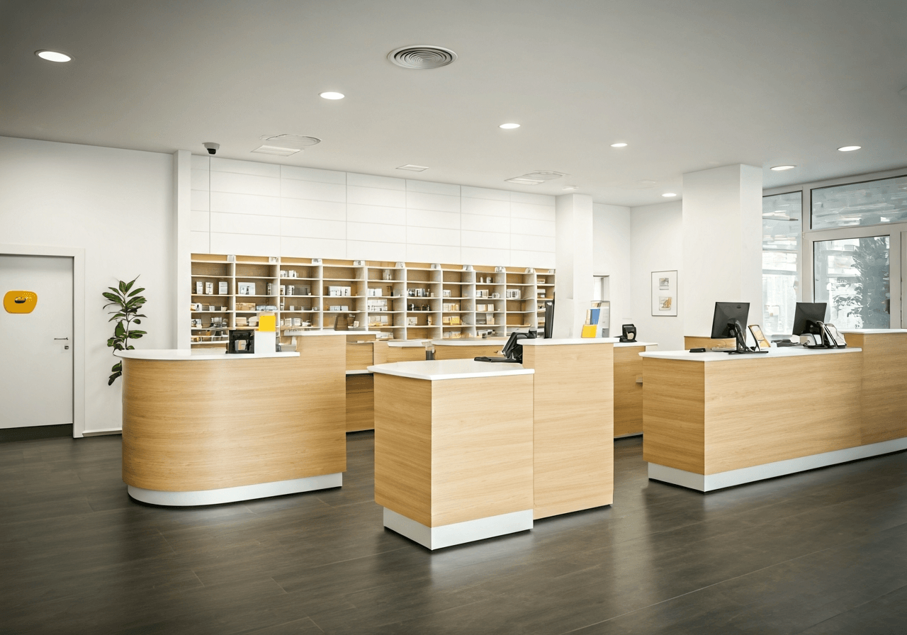 A professional, welcoming interior view of a modern Czech post office branch, clean wooden counters, bright atmosphere with soft natural light, editorial photography style, 85mm lens, high resolution, no text, no letters.