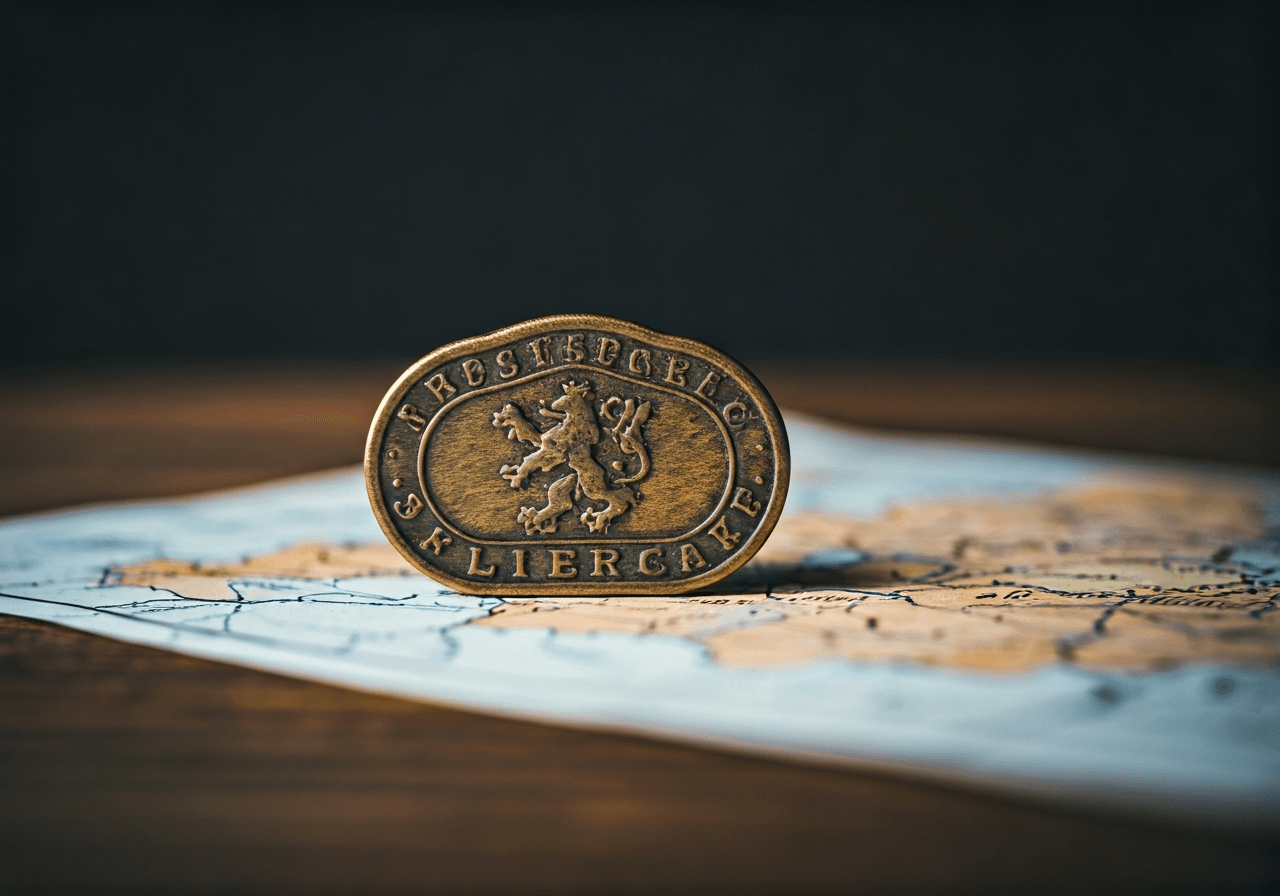 A detailed shot of an authentic antique brass postal stamp resting on a wooden desk near a map of the Liberec region, cinematic composition, soft natural lighting, 85mm lens, high-end editorial style, no text, no letters