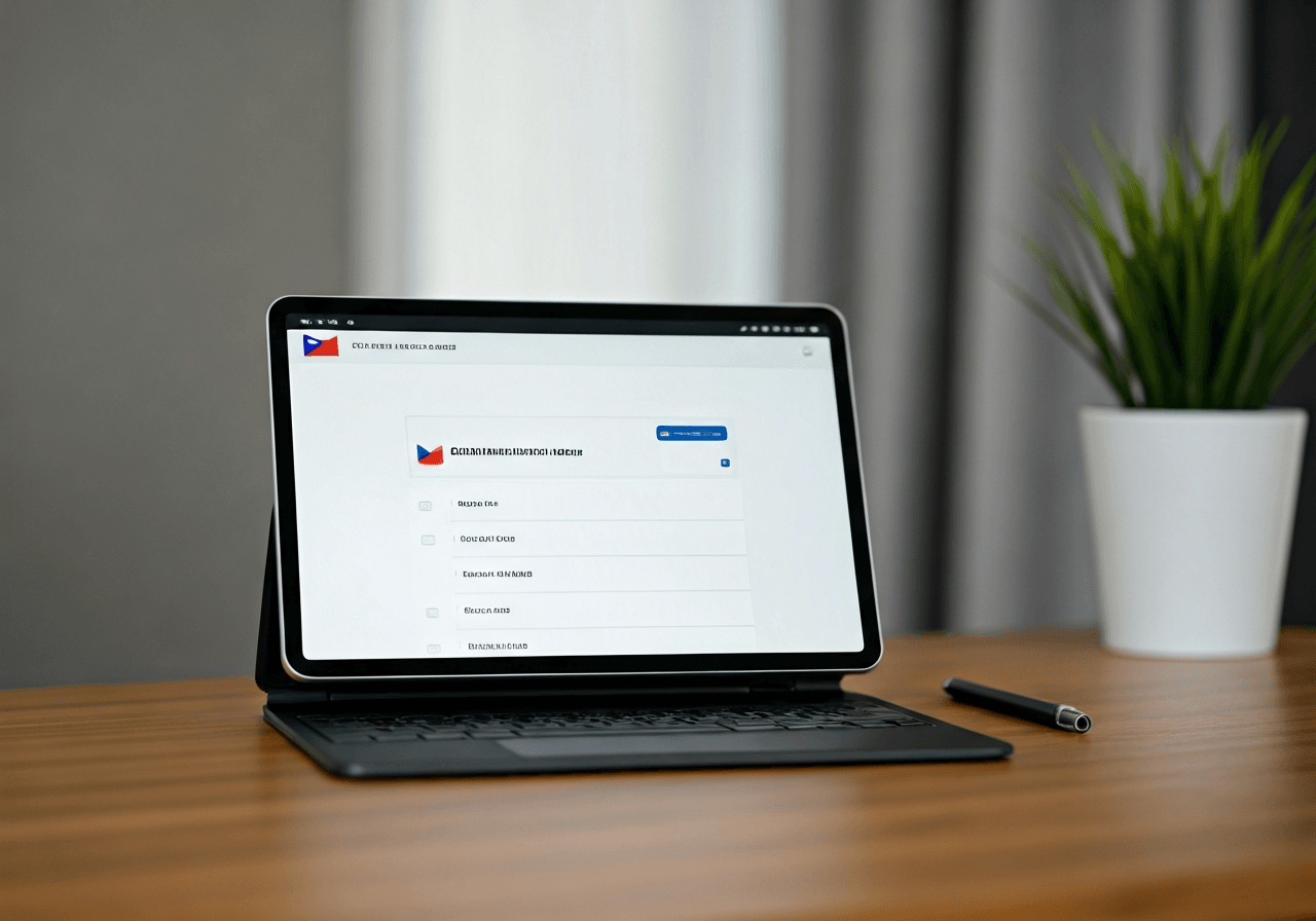 A neat, minimalist desk workspace with a digital tablet showing a Czech postal service interface, modern aesthetic, soft natural light, 85mm lens, high quality, no text, no letters