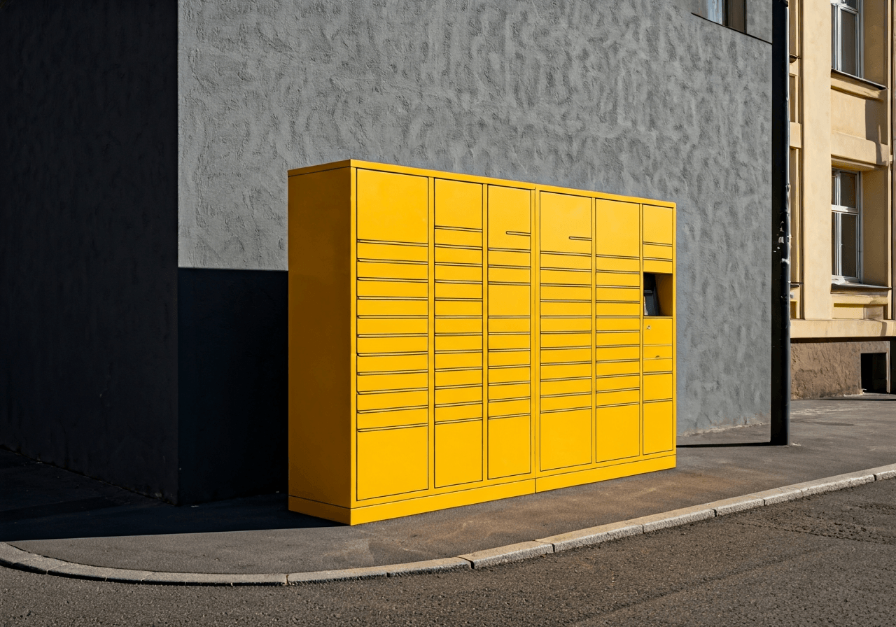 A modern Z-BOX automated parcel locker situated on a clean, sunlit street corner in a contemporary district of Prague, high-quality editorial photography, soft natural light, depth of field, 85mm lens, no text, no letters, no words.