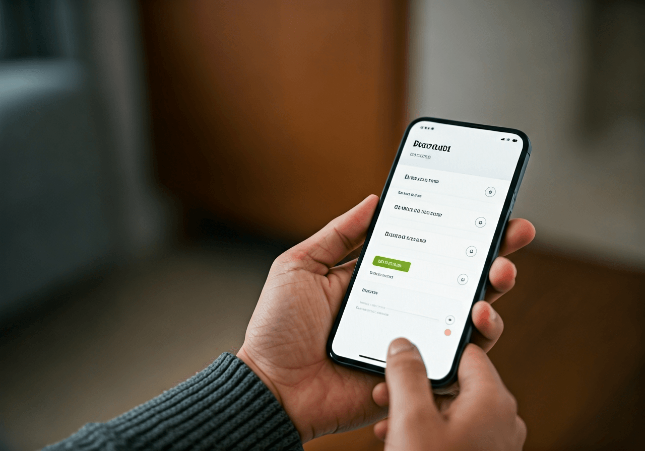 A close-up of a person's hand holding a modern smartphone displaying a parcel tracking interface, blurred background of a cozy home environment, editorial photography, clean and minimalist aesthetic, soft natural light, 85mm lens, highly detailed, no text, no letters.