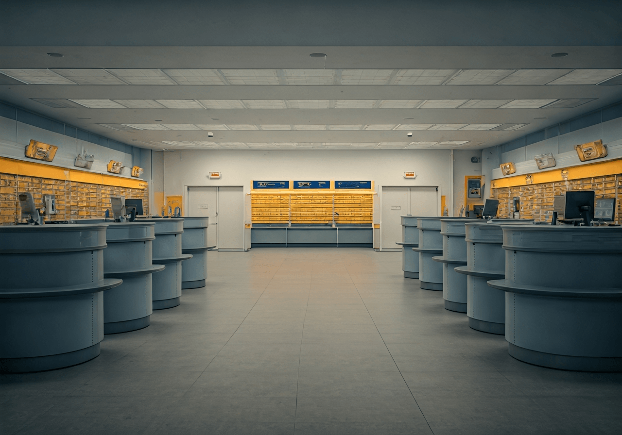 A professional, modern post office interior with clean lines and minimalist aesthetics, soft natural daylight, shallow depth of field, 85mm lens, highly detailed, no text, no letters.