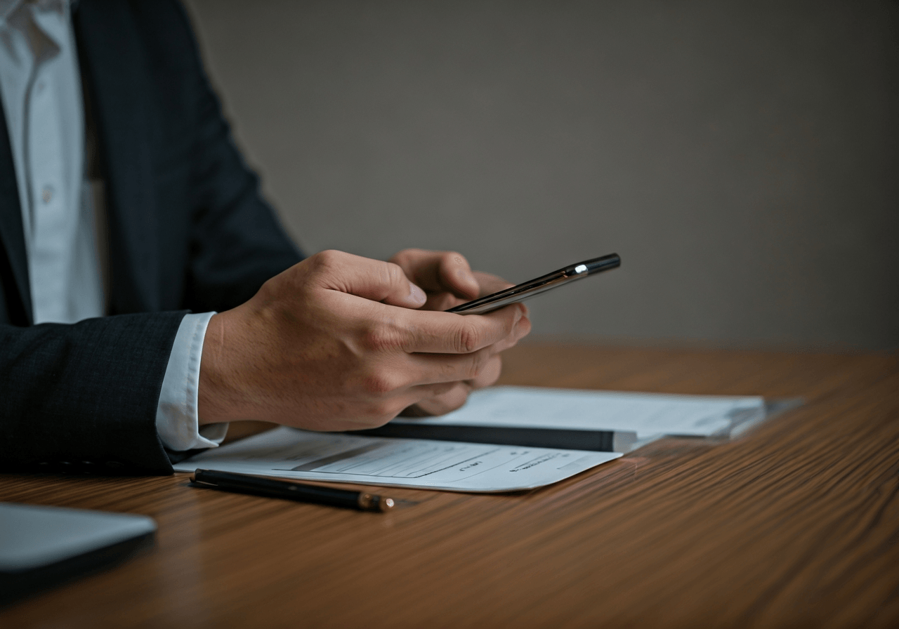 Editorial photography, a professional person checking postal documents on a smartphone at a modern, clean, wooden desk, soft natural light, 85mm lens, minimalist atmosphere, no text, no words, no letters