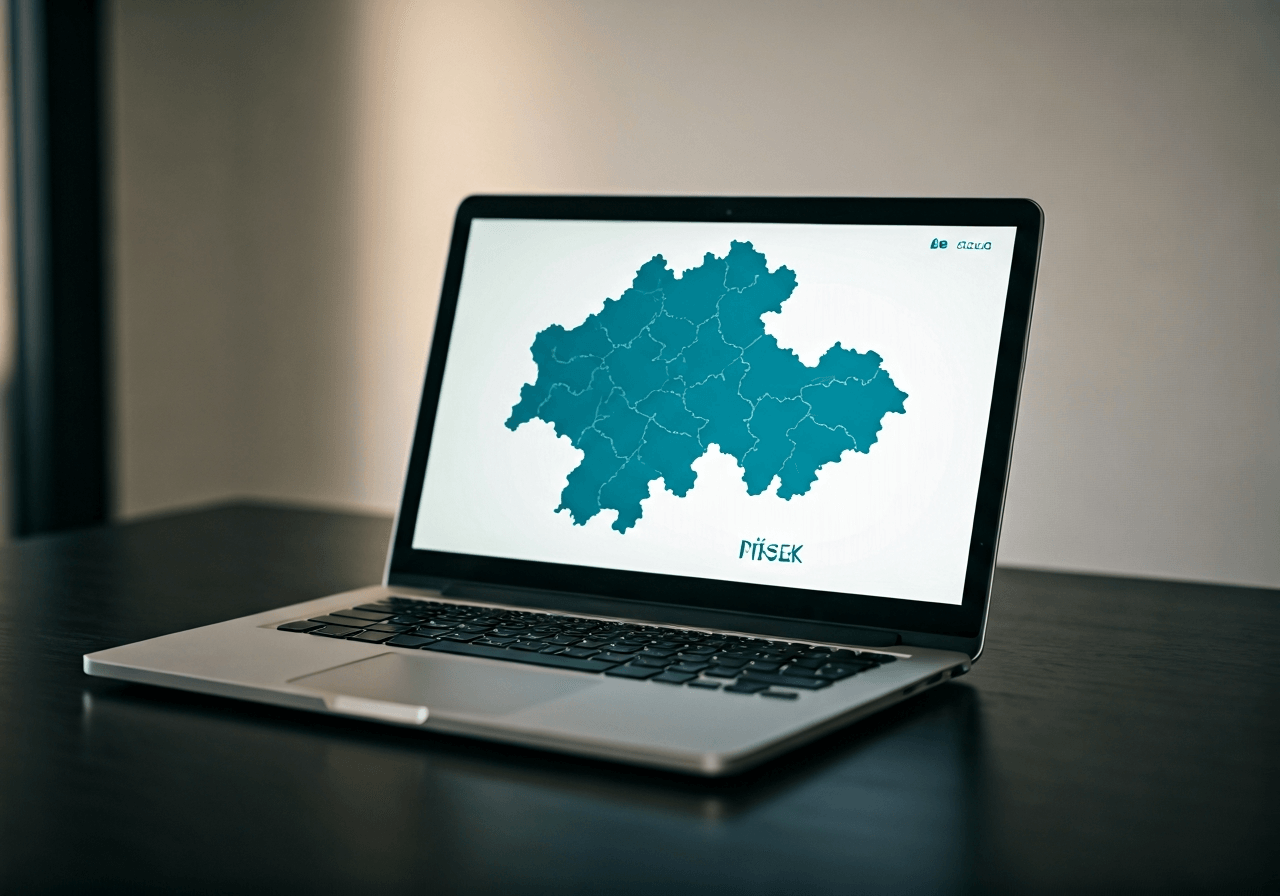 A professional, minimalist view of a modern office desk with a laptop screen displaying a digital map of the Písek region, soft natural lighting, editorial photography style, 85mm lens, high quality, no text, no words, no letters