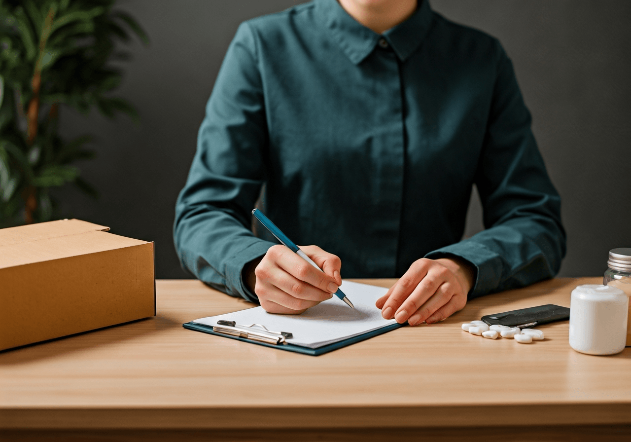 A professional nutritionist working at a modern, clean desk with fresh organic supplements and a parcel, soft natural lighting, editorial photography style, minimalist interior, 85mm lens, no text, no letters.