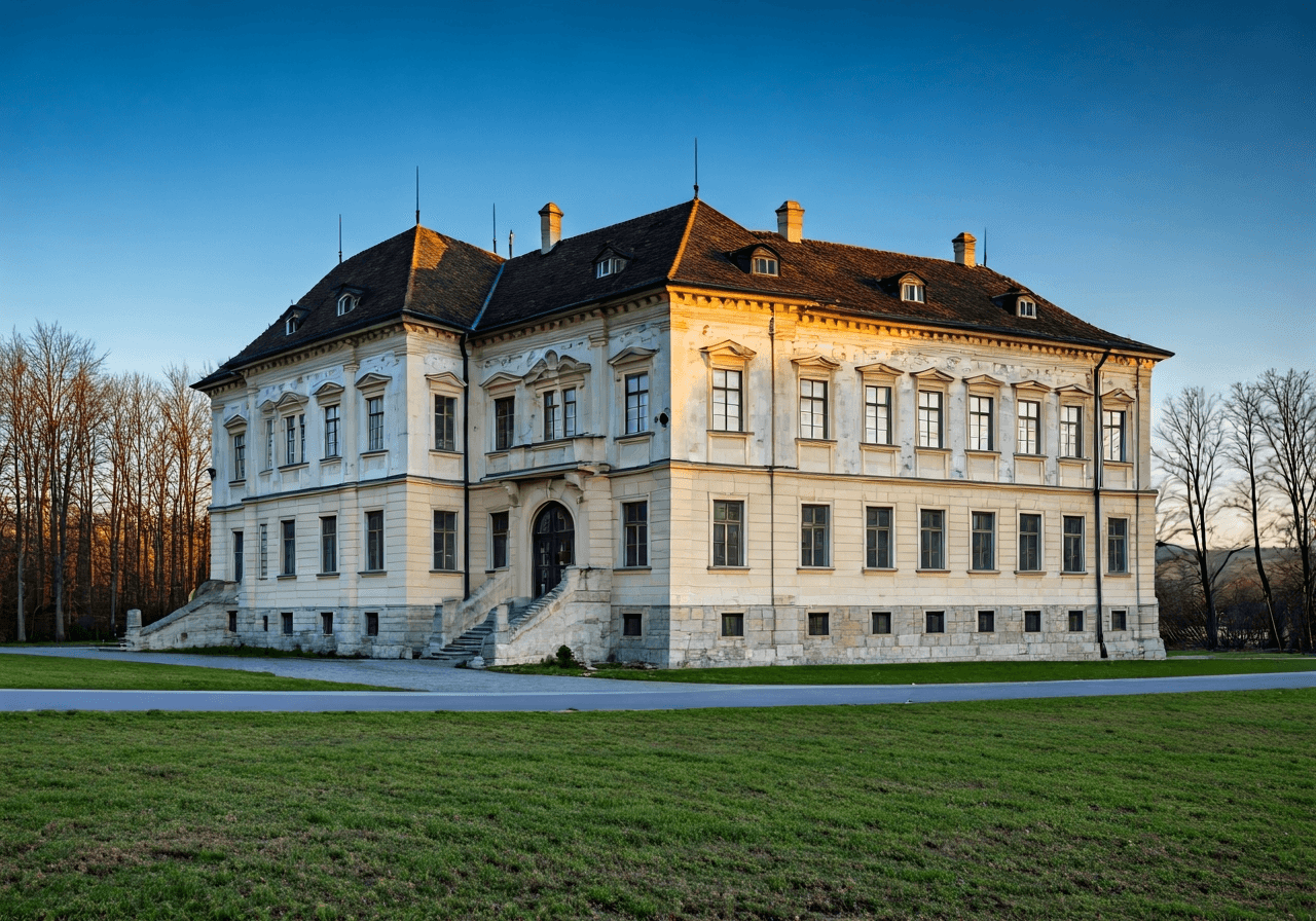 A majestic, renovated historical stone building with traditional architecture, located in a quiet scenic landscape of South Moravia, warm morning sunlight hitting the facade, editorial photography, 85mm lens, high quality, no text, no letters.