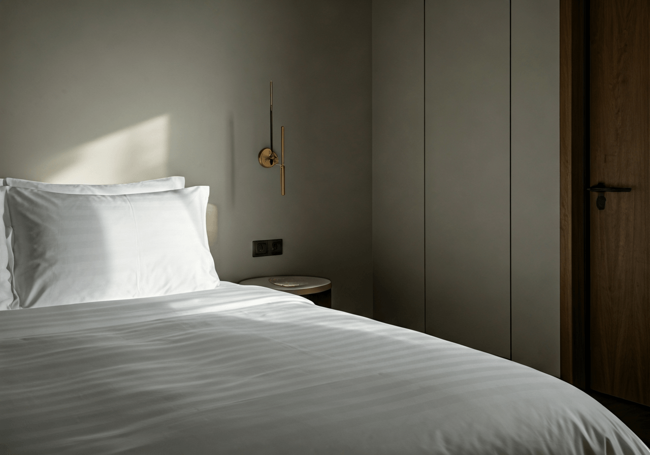 A cozy, minimalist bedroom in a boutique hotel, high-quality white linens, soft warm morning light streaming through a window, editorial photography, 85mm lens, peaceful atmosphere, premium interior design, no text, no words, no letters