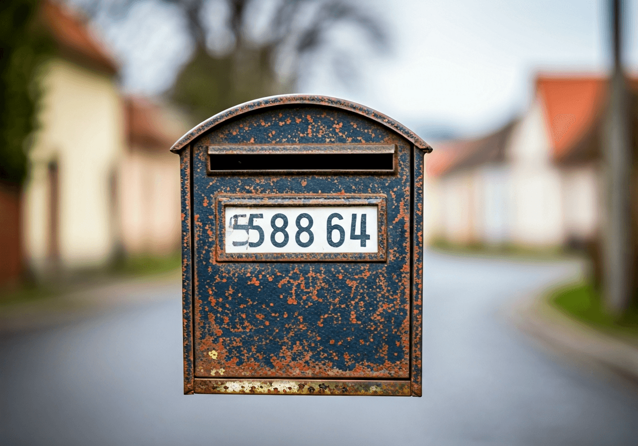 Editorial photography, an old rustic mailbox with a clear postal code (588 64) visible, set against a blurred backdrop of a typical Czech village street in the Vysočina region, soft natural light, 85mm lens, highly detailed, no text, no letters.