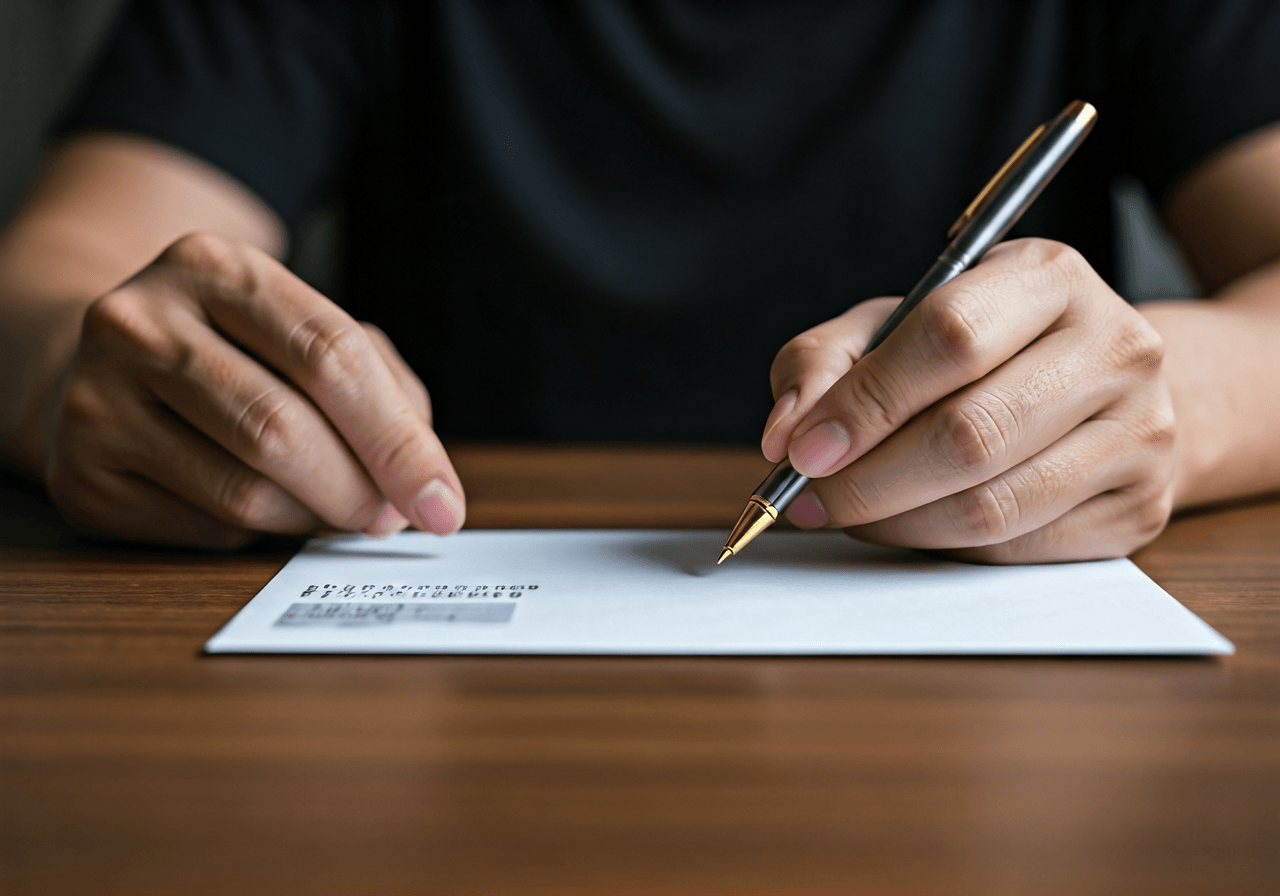 Editorial photography, a hand carefully writing an address on an envelope, focusing on the clarity of the postal code and town name, on a clean, well-lit desk, soft natural light, 85mm lens, highly detailed, no text, no words, no letters