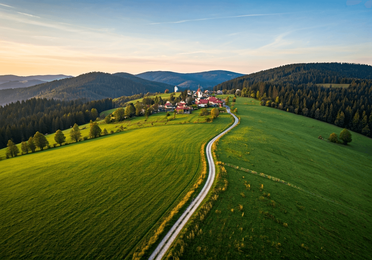 Aerial wide shot of the village of Bohutín nestled in the rolling green hills of the Brdy Highlands, picturesque landscape, soft morning light, 85mm lens, high resolution, no text, no words