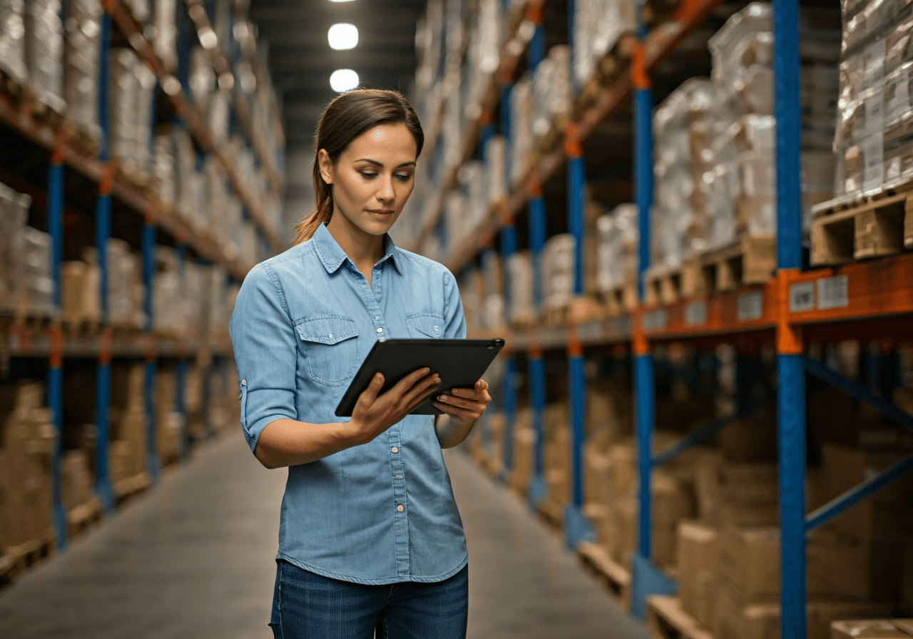 A professional logistics warehouse manager using a tablet to scan organic health food packages, clean and bright modern warehouse environment, editorial photography, soft natural light, 85mm lens, high focus, no text, no letters