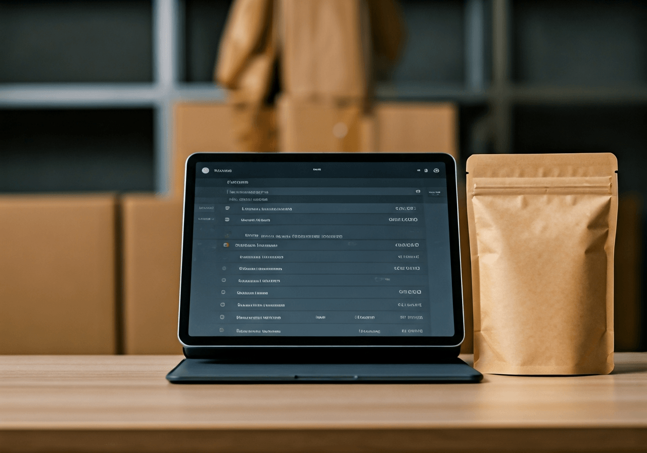 A clean, modern warehouse shipping station, digital tablet showing logistics software interface next to organic supplement packaging, soft natural light, premium editorial style, 85mm lens, no text, no words, no letters