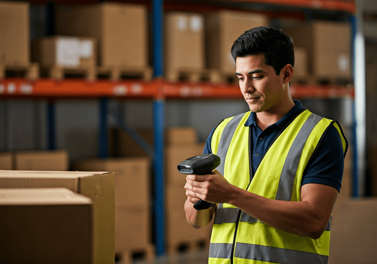A professional logistics worker scanning a package in a bright, modern, high-tech distribution center, shelves with organized boxes in the background, professional editorial photography, soft natural light, 85mm lens, high focus, no text, no letters