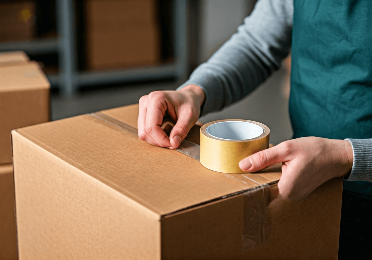 A professional logistics warehouse setting featuring high-quality cardboard packaging, bubble wrap, and precise adhesive tape being applied to a parcel, modern clean industrial aesthetic, soft natural light, 85mm lens, highly detailed, no text, no letters
