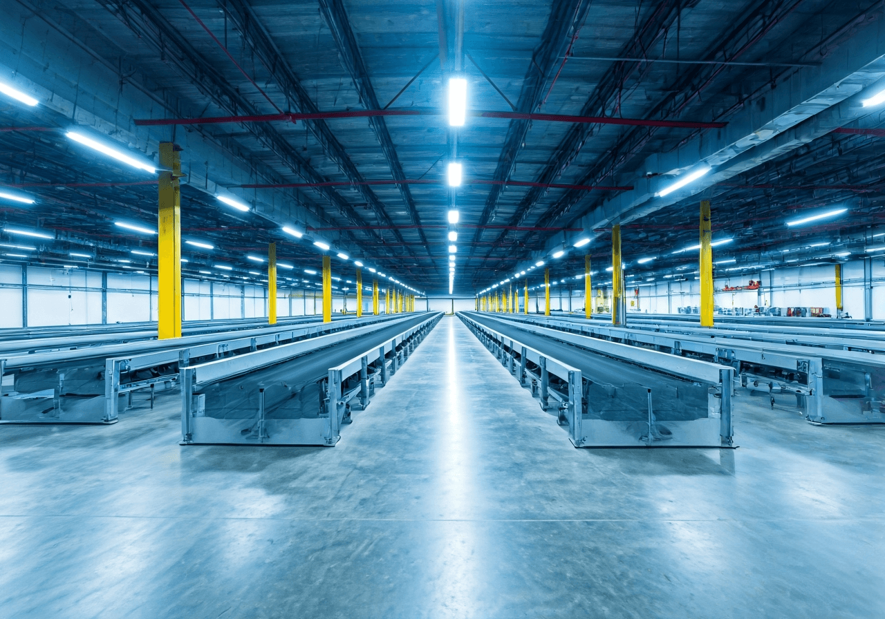 A wide-angle shot of a high-tech modern automated sorting terminal for logistics, vibrant industrial interior, clean lines, bright clinical lighting, depth of field, premium editorial quality, no text, no words, no letters.