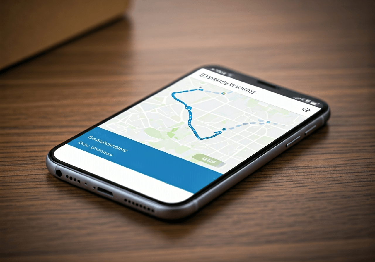 A high-end smartphone screen showing a detailed package tracking interface with a map route, clean minimalist desk background, modern logistics aesthetic, professional editorial photography, soft natural lighting, 85mm lens, highly detailed, no text, no letters
