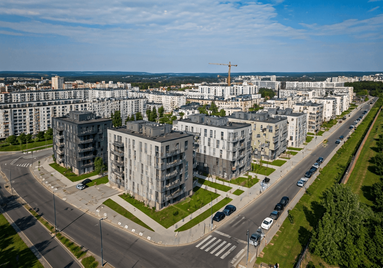Aerial architectural photography of the Brno-Rečkovice district, featuring a mix of modern residential buildings and green urban spaces, soft natural sunlight, professional drone shot, 85mm lens aesthetic, high resolution, no text, no words