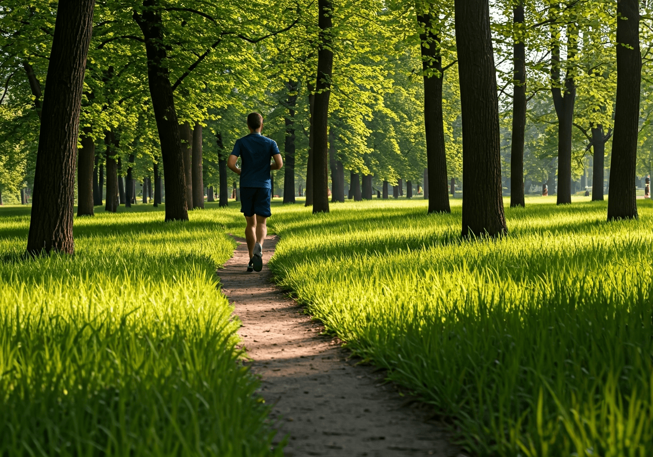 A fit person jogging through a lush green park in Brno-Rečkovice, serene atmosphere, modern editorial photography style, soft natural morning sunlight, 85mm lens, high quality, no text, no words, no letters.
