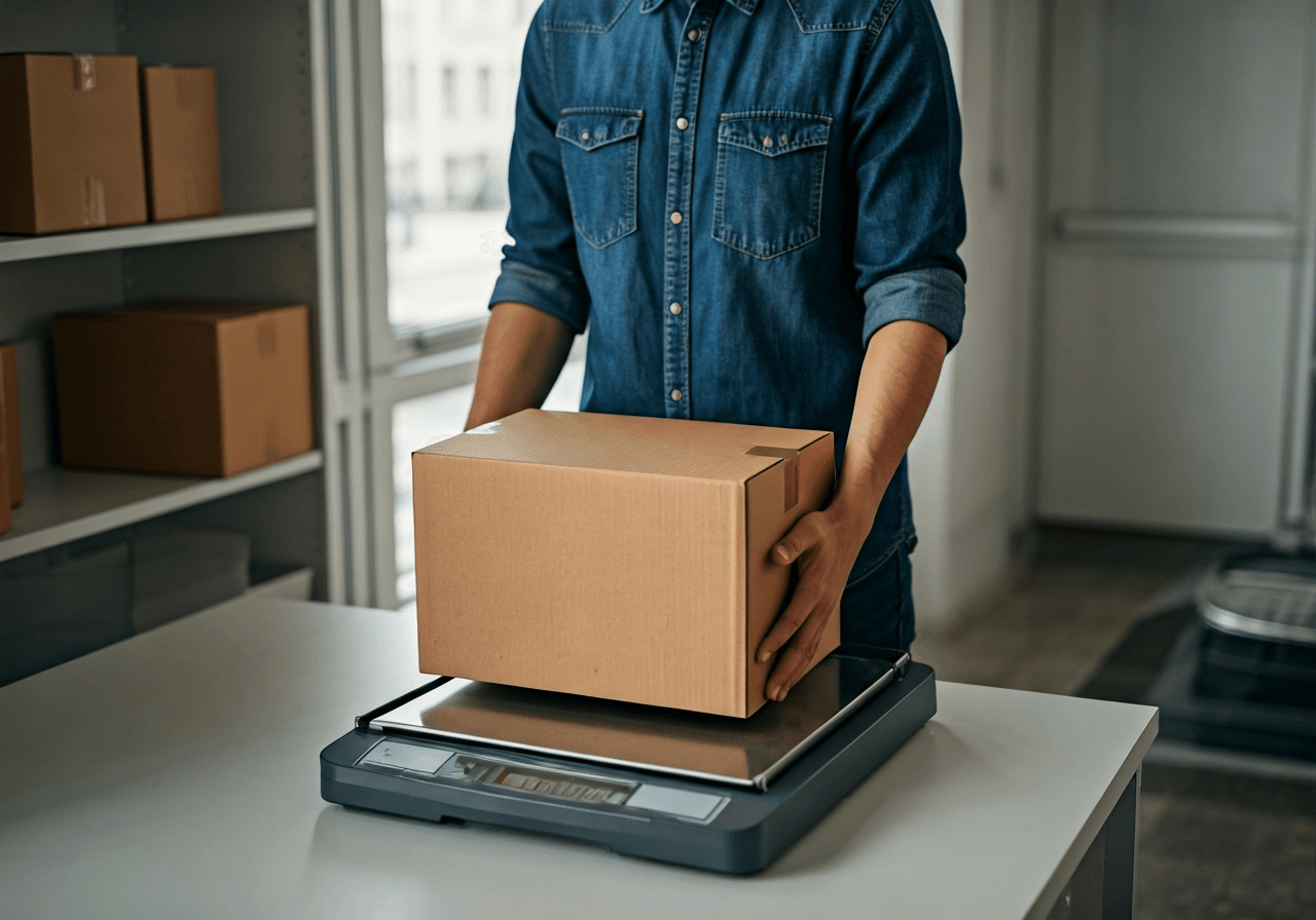A professional logistics worker placing a premium package onto a clean, modern shipping scale in a bright post office environment, editorial photography style, minimalist aesthetic, soft natural light, 85mm lens, high detail, no text, no letters.