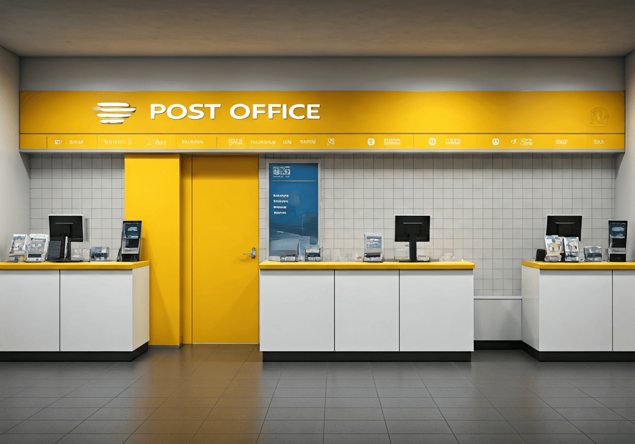 A professional, modern post office interior with clean signage and clear navigation, bright and airy space, editorial photography style, soft natural light, 85mm lens, high resolution, no text, no words, no letters.