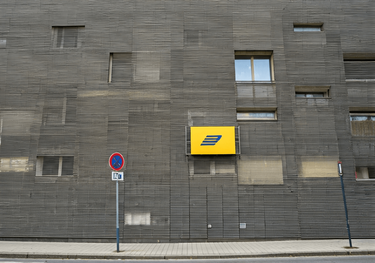 A professional exterior shot of a modern Czech Post office building, clean street scenery in Beroun, soft natural daylight, editorial photography style, 85mm lens, depth of field, no text, no words, no letters