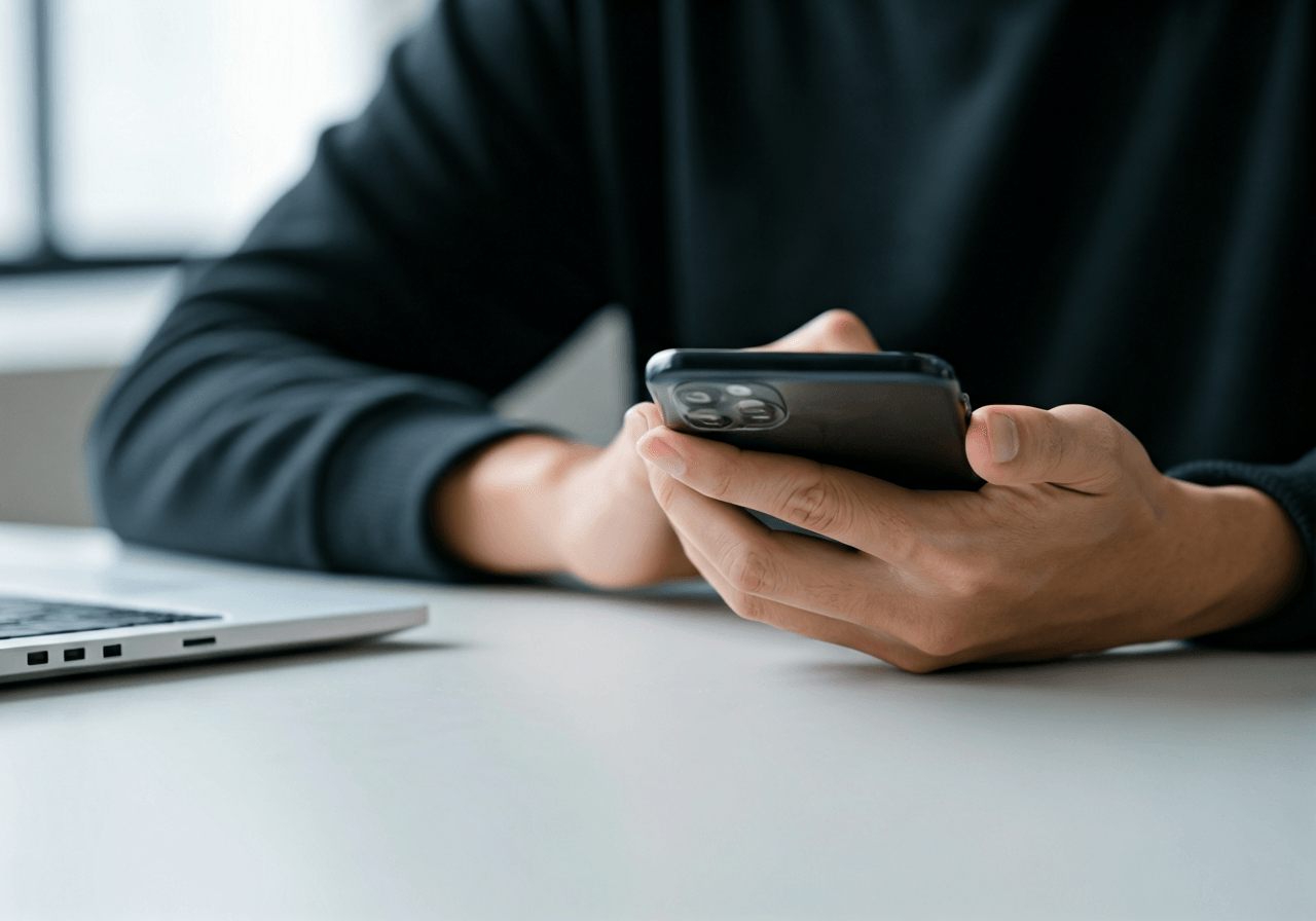A person using a smartphone to manage postal services in a minimalist, bright office environment, modern technology, clean aesthetic, soft natural light, 85mm lens, highly detailed, no text, no letters