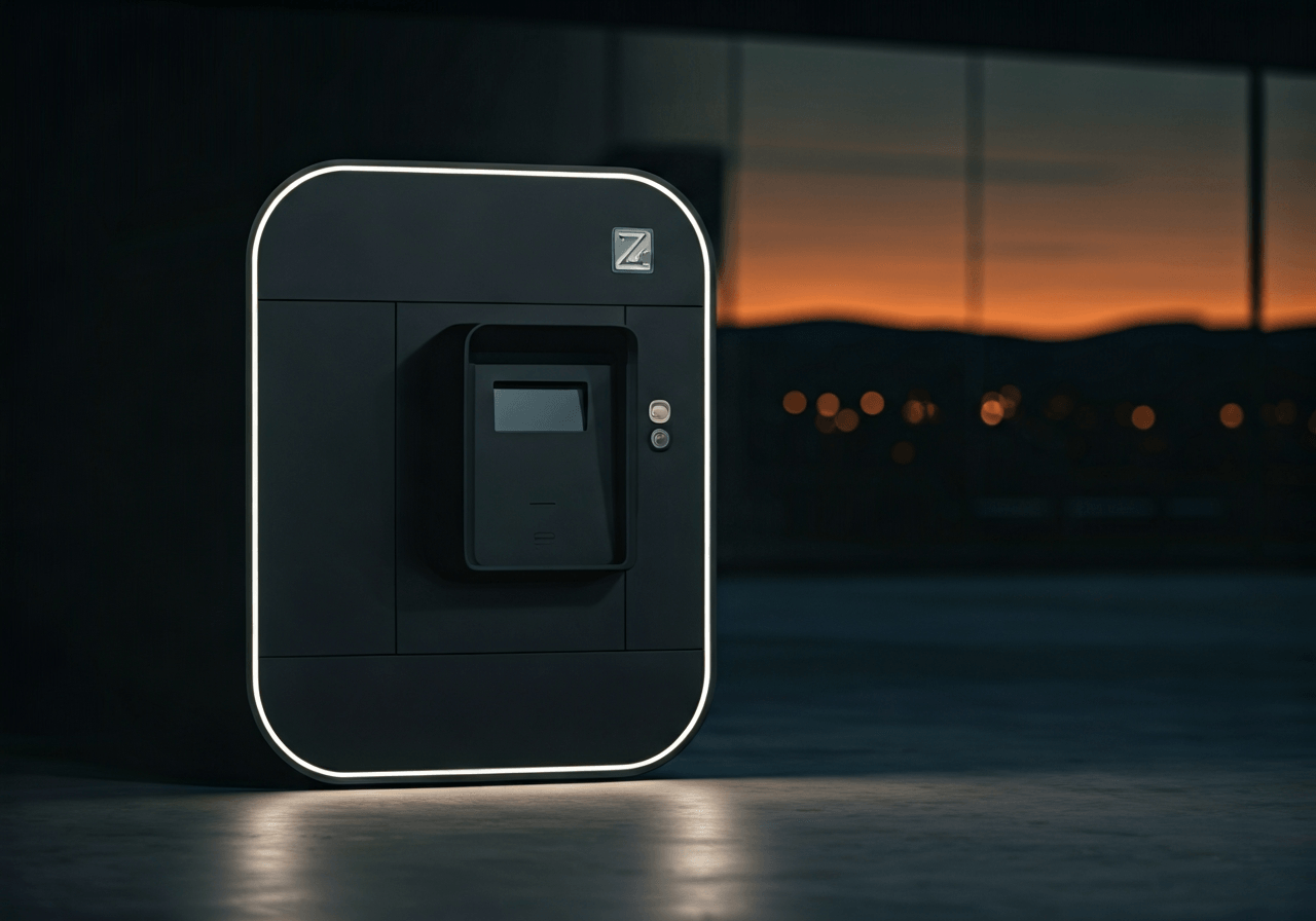Pošta Jablonec nad Nisou: Kde nečekat fronty? (Tipy) 3 A sleek, modern automated parcel terminal box (Z-Box) in a clean, minimalist outdoor setting during sunset, professional editorial photography, soft natural lighting, shallow depth of field, 85mm lens, high resolution, no text, no letters.