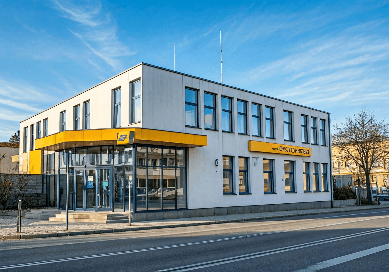 A professional exterior shot of a modern Czech post office branch, clean street atmosphere in a small town, soft natural light, architectural photography, 85mm lens, high resolution, no text, no letters, no signs