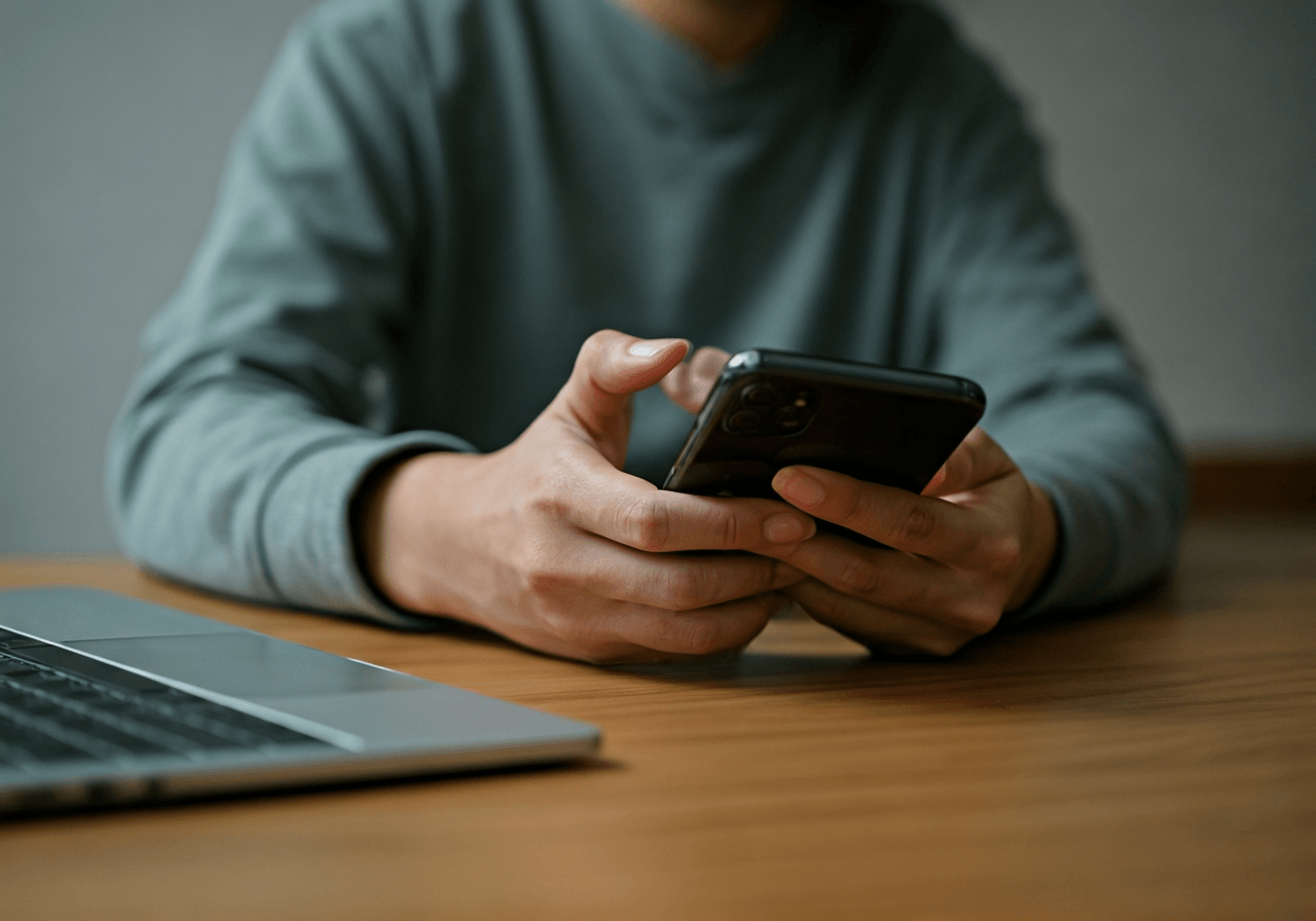 A professional person using a smartphone to track a package in a modern, minimalist home office, clean desk, soft natural light, editorial photography, 85mm lens, highly detailed, no text, no letters
