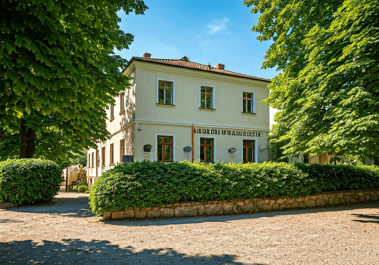 Exterior view of a historic Czech roadside restaurant with modern signage, sunny afternoon, surrounded by greenery, editorial architecture photography, soft natural light, 85mm lens, high resolution, no text, no words, no letters