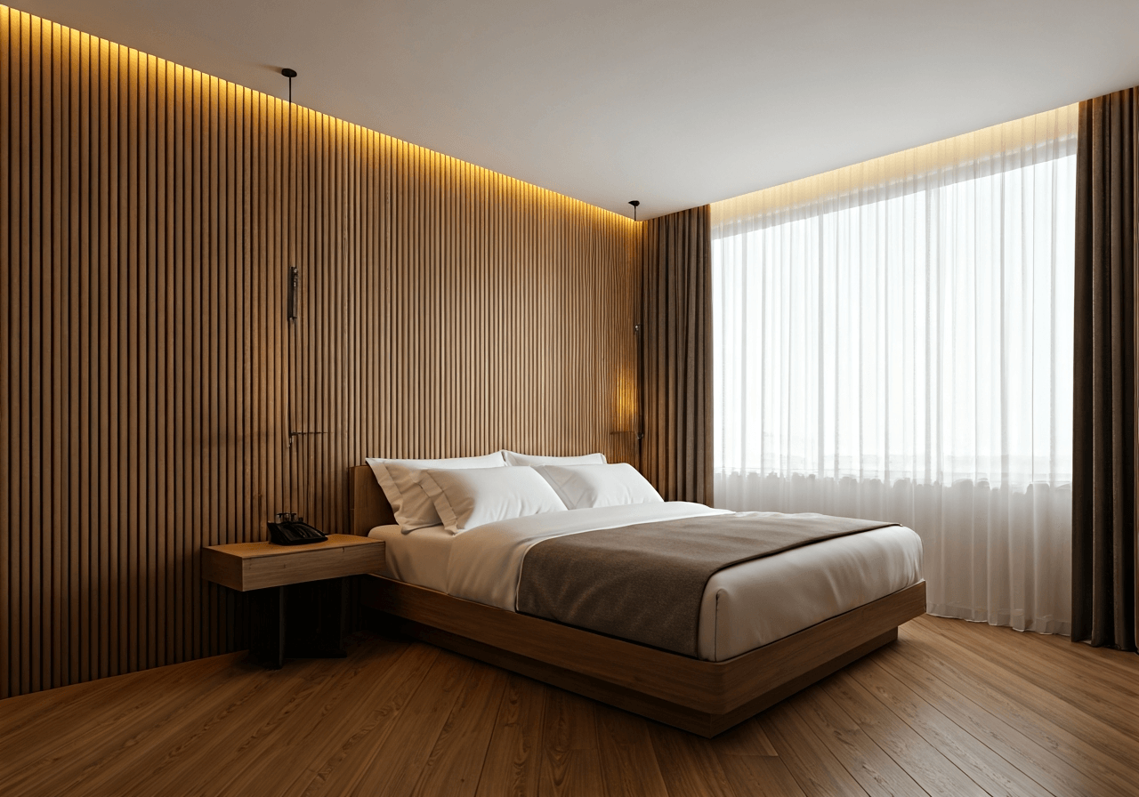 Editorial photography, modern and clean hotel room interior, premium minimalist design with warm wooden accents, soft natural light streaming through large windows, 85mm lens, highly detailed, no text, no words, no letters