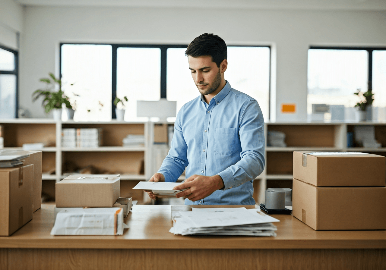 Editorial photography, a postal worker carefully handling various packages and letters at a counter in a bright, modern post office, soft natural light, 85mm lens, highly detailed, no text, no words, no letters
