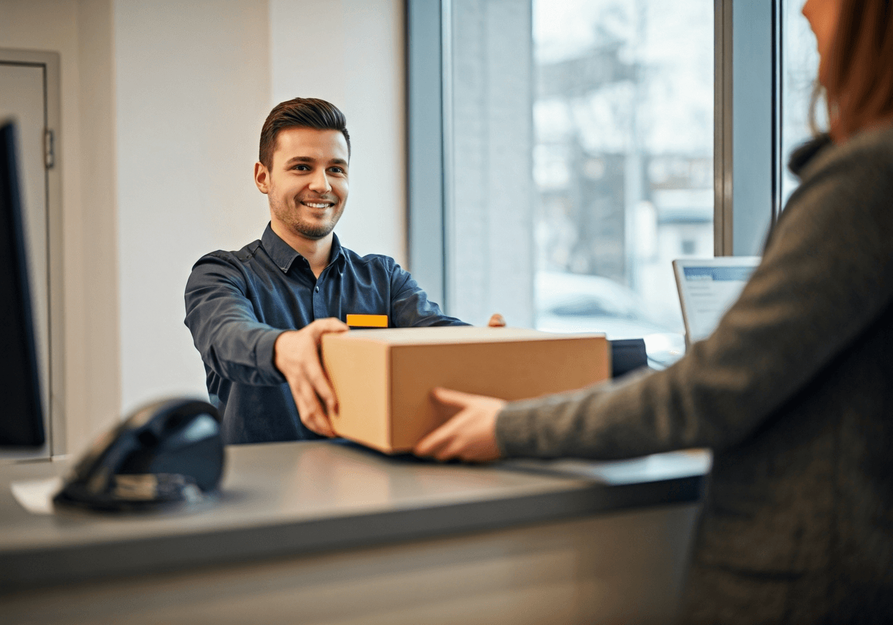 Editorial photography, a smiling postal worker handing a package to a satisfied customer at a modern post office counter in Borovany, soft natural light, 85mm lens, highly detailed, no text, no words, no letters